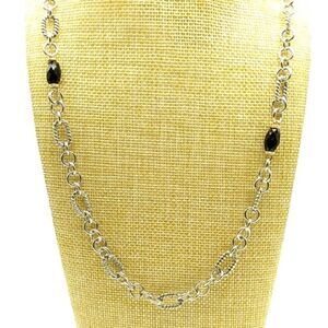 Black Acrylic Faceted Beaded Silver-tone Figaro Chain Necklace